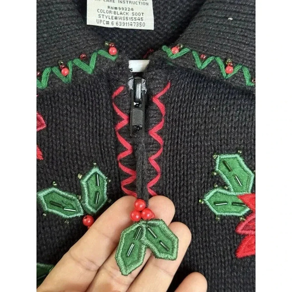 WHITE STAG Women Black Full Zip Collar Floral Embroidered Sweater Vest Small - Picture 4 of 9